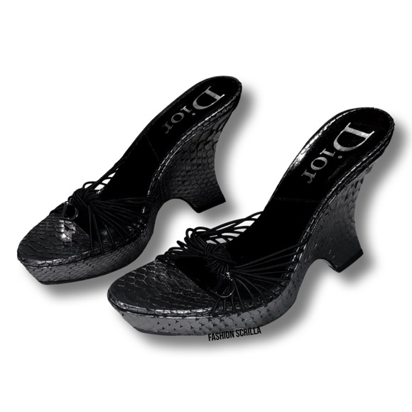 Dior John Galliano Vintage Black Python Embellished Charm Sandal Platform Heels - Picture 2 of 14